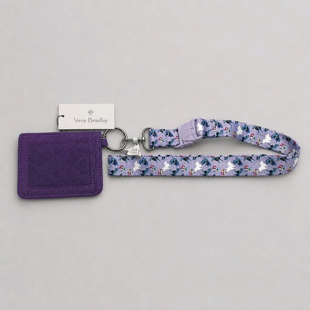 Vera Bradley Quilted Fabric Card Holder Purple &VB Holographic Butterfly Lanyard - Picture 2 of 4